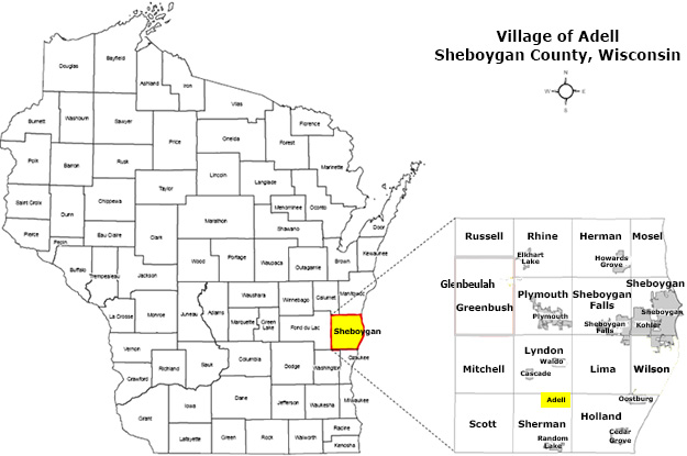 map of State of Wisconsin, highlighting Sheboygan County and Village of Adell